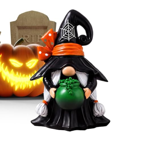 Gnome Statues | Gothic Figurine with Witch Hat | Resin Halloween Garden Dec