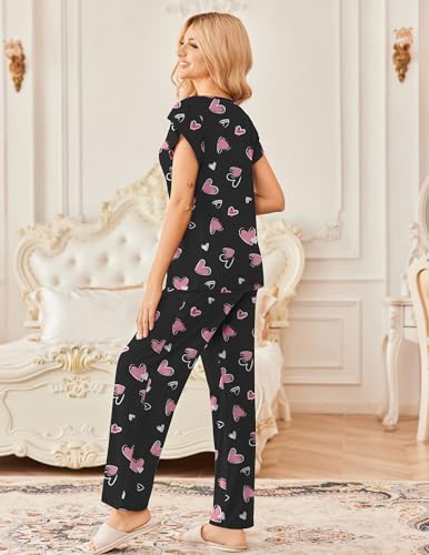 Image of Ekouaer 2 Pack Womens Pajamas Short Sleeve Sleepwear Top with Pants Super-Soft Printed Lounge Sets S-XXL