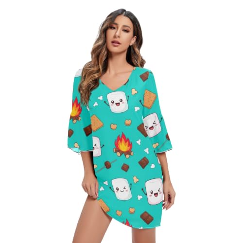 Robe hawaïenne bleu sarcelle avec manches 3/4 et un décolleté col en V élégant