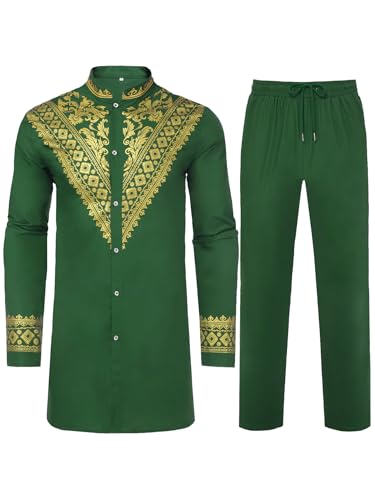 Daupanzees Men's African 2 Piece Set Luxury Traditional Suit Stamp Print Dashiki Button Down Shirt and Pants Outfit