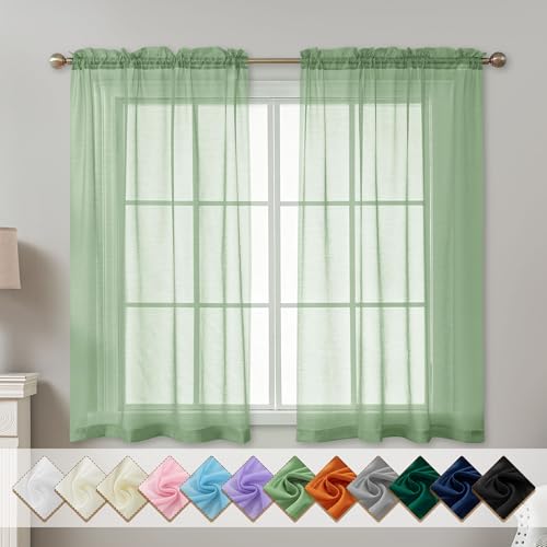 Image of Sage Green Sheer Curtains 54 Inch Length, Privacy Semi Sheer Curtains for Dining Room Kitchen, Light Filtering Rod Pocket Voile Window Drapes 2 Panels Set, Each 42 inch W x 54 inch L