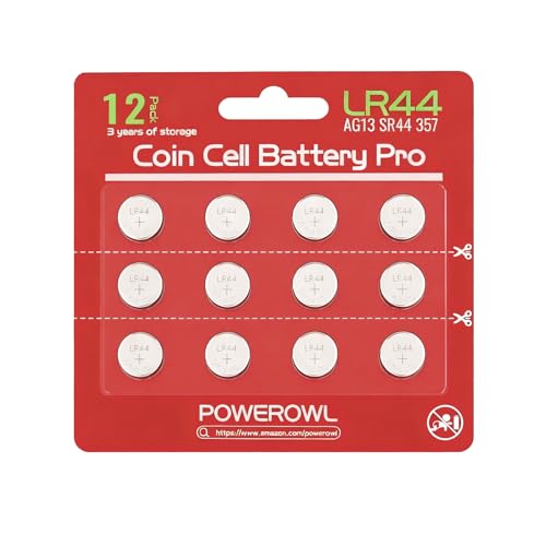 POWEROWL Pilas LR44 de 1,5V de Larga Duración, Paquete de 12 Pilas de Botón Alcalinas AG13 de Alta Capacidad, Equivalente a A76, 357, LR44H, SR44, para Relojes, Juguetes y Calculadoras-Rojo