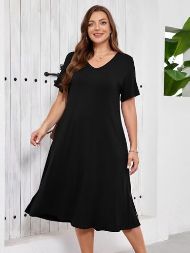 BELAROI Women Plus Size Dresses Summer Casual Flowy Midi Long Tshirt Dress V Neck Sundress Beach Cover Ups Pockets3