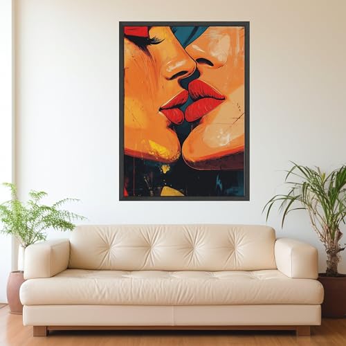 Toile Gros plan d'un baiser pour réveiller un mur blanc avec un tableau coloré moderne