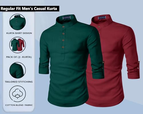 Image of Zombom Men's Combo Cotton Polyester Blend Solid Full Sleeve Straight Regular Fit Mandarin /Chinese Collor Kurta (Pack of 2)