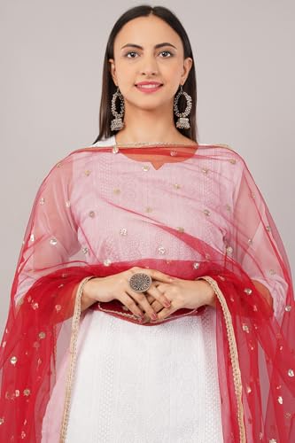 Image of Net Butti Dupatta for Women | Golden Lace Border Chunni | Butti Work Odhani | Wedding & Bridal Styling | Lightweight Drape | Kurti & Salwar Suit