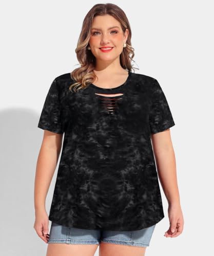 Image of CARCOS Plus Size Tops for Women Short Sleeve Shirts Basic Tee Solid Color Blouse V Neck Tunic Loose Fit Tshirts Summer XL-5XL