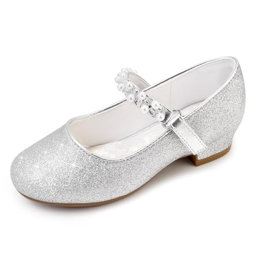 Stelle Girls Dress Shoes White Flower Girl Shoe Mary Jane Low Heels for Wedding (Toddler/Little/Big Kid)(T17-Siliver2 11ML)