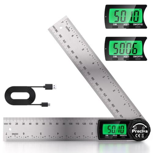 Winkelmesser Digital 200 mm mit Hintergrundbeleuchtung, Preciva Edelstahl-Winkelmesser mit Typ-C-Aufladung, Winkelmessgerät mit LCD-Display für Holz, Bau & Heimwerken, Hold-Funktion