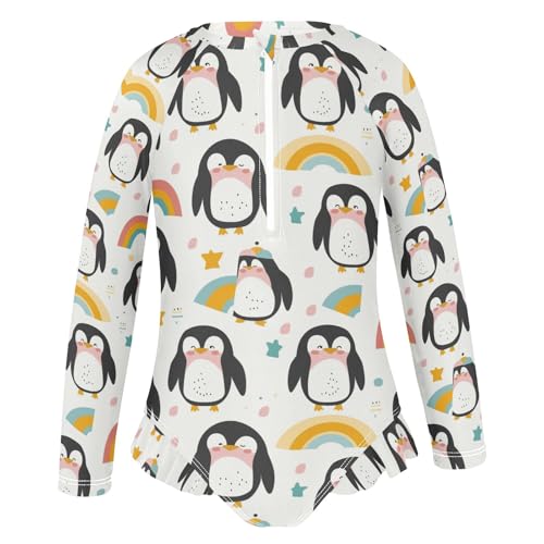 Cute Penguin Rainbow Girls Long Sleeve Swimsuit Rash Guard One Piece Bathing Suits Zipper 3-12T2