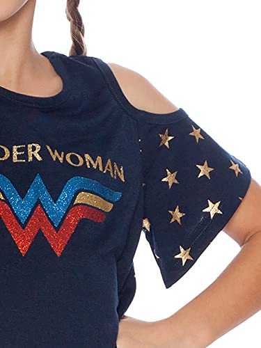 DC Comics Girls' Little Wonder Woman Cold Shoulder Glitter Nightgown, Navy, 6/6X3