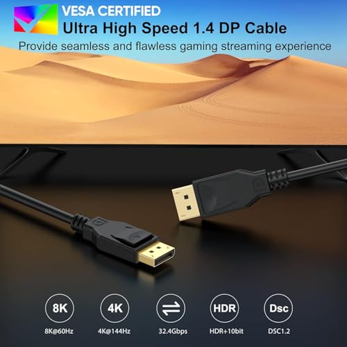 VESA Certified 8K DisplayPort 1.4 Cable 10-Pack 48Gbps | High Speed Display Port DP Cable 6 Feet (8K@60Hz, 4K@144Hz/180Hz/165Hz, 1080P@240Hz) for Gaming Computer Laptop TV Monitor