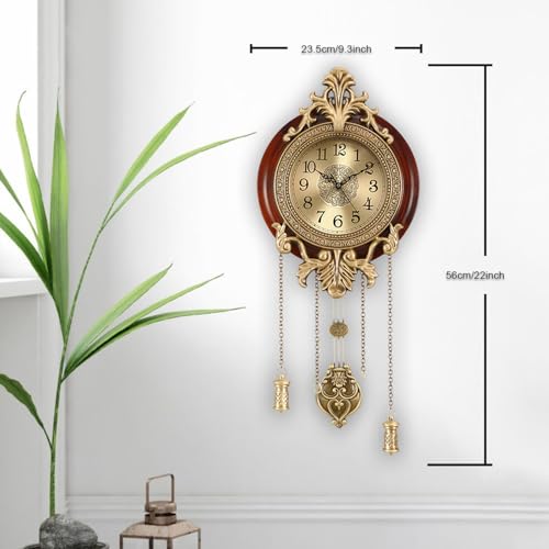 Aero Snail Brown Vintage Pendulum Wall Clock, Solid Wood Hanging Clock, Silent Non Ticking Quartz Movement, Analog Watch for Home Office Kitchen Classroom, W205BX14
