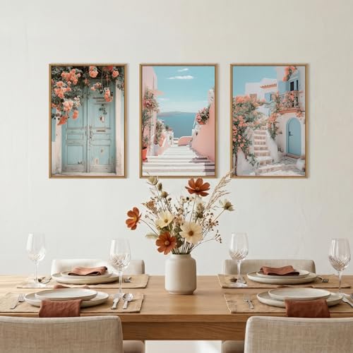Image of KAIRNE Italy Amalfi Coast Cityscape Framed Canvas Wall Art Set,Neutral Italian Mediterranean Wall Decor,Greece Island Landscape Wall Painting,Florida Beach Artwork for Living Room,Bedroom-16 x24 x3
