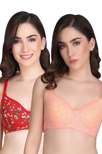 Image of Flower Print Bra for Women - Made of Pure Cotton Full Coverage Non Wired Pushup Soft Cup for T-Shirt Saree Dress Sports Garment for Daily Use Everyday