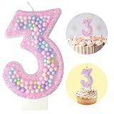 Zlongron Birthday Number Candles, Handmade Macaron 3D Flash Number 3 Candle, Suitable for Girls and Boys' Birthdays, Weddings, Anniversaries, Theme Party Cake Decorations