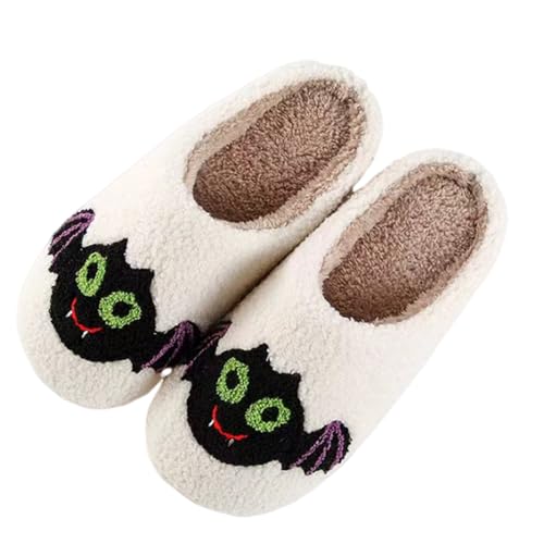 Generic Pumpkin Slippers Halloween Slippers for Women Men House Shoes Spooky Slides Soft Warm Plush Couple Shoes Green bat 41-42