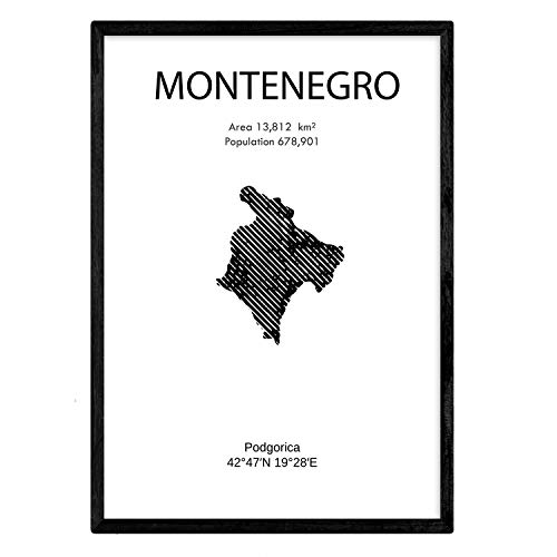 Affiche Nacnique du Monténégro. Lames de pays et de continents du monde. Taille A4 avec cadre
