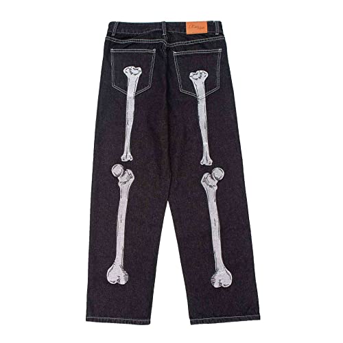 BXCNCKD Hip Hop Jeans Dark Black Skeleton Embroidery Jeans Gothic Loose Wide Leg Straight Leg Trousers Grunge Clothes4
