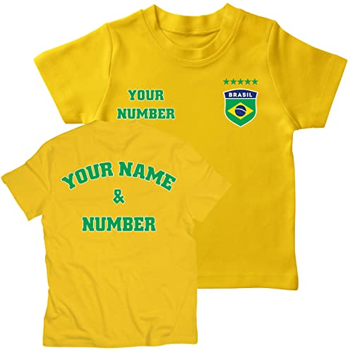 lepni.me Camiseta para Niños de Fútbol de Brasil con Su Nombre y Número | Insignia de Bandera Brasileña Personalizada | Copa del Mundo 2022 (5-6 años Amarillo Multicolor) Cover