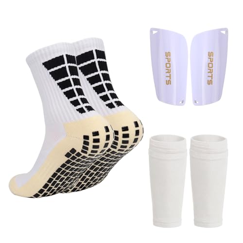 3-Piece Soccer Assortment Set, 1 Pair Men's Anti Slip Soccer Socks, 1 Pair Shin Sleeves with Pads, Football Socks with Shin Guard. (White)