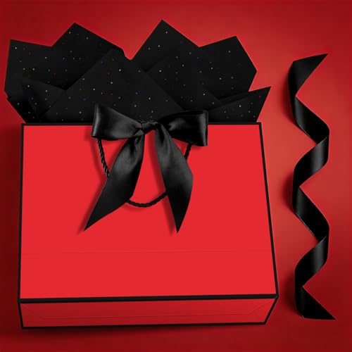 Image of JMANNI Gift Bags with Handles, 13 inch Medium Gift Bag for Presents, 1 Pcs Bags with 2 Tissue Paper and 1 Cards for Baby Shower Wedding Bridal Shower Mother's Day Birthday Party (black-red