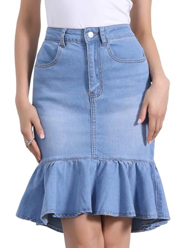 Allegra K Denim Skirt for Women's Bodycon Fishtails Ruffled Knee Length Jean Skirt