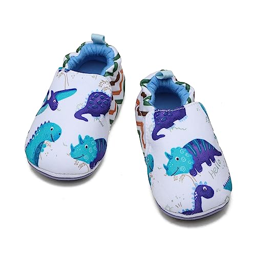 Timatego Toddler Baby Boys Girls Shoes Non Skid Slipper Sneaker Moccasins Infant First Walker House Walking Crib Shoes(6-24 Months)(6-9 Months Infant 01 White Cartoon)