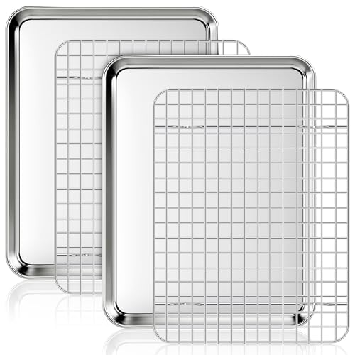Fire More Baking Tray with Wire Rack 2 Sets Non-Stick Baking Sheets with Grid Cooling Racks Stainless Steel Cookie Pans for Oven Cooking Size 31.5 x 24.5 x 2.5 CM