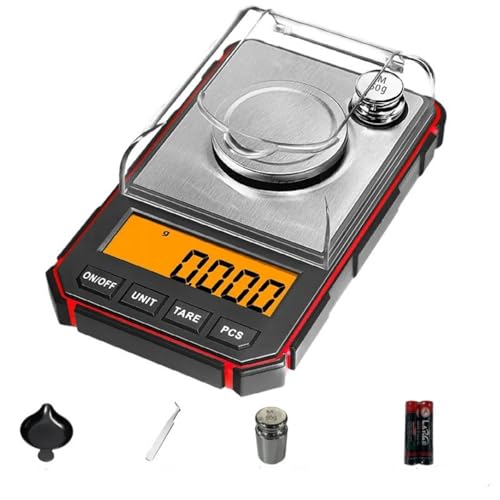 Dudass 精密はかり 0.001g 電子はかり 計量計 はかり キッチン 小型ポケットミニスケール 50g単位の分銅付き LCDディスプレイで複数の単位変換が可能 宝石 薬局 お茶 キッチン用品 スパイスの計量に最適です (レッド,電池あり) [並行輸