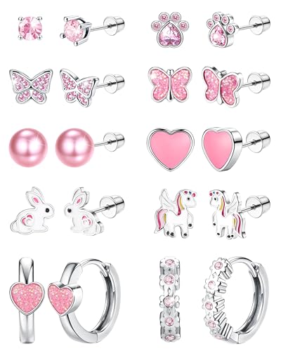 CASSIECA 10 Pares Pendientes Niña Plata Pendientes Niñas Bebe Acero Inoxidable Pendiente Hipoalergenicos Mujer Multicolor Corazón Flor CZ Pendiente Joyería Regalos para Niña Mujeres
