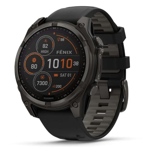 Metriche complete di fitness GARMIN Fenix 8-47 MM, Solare, Sapphire Grigio Carbonio DLC Titanio CON NERO/Grigio ghiaia Silicone