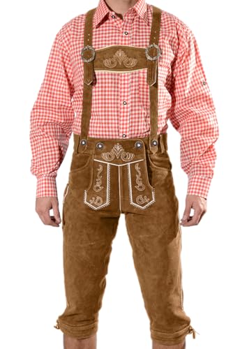 Bayerische Herren Trachten Lederhose, Trachtenlederhose mit Trägern, Oktoberfest in Mittelbraun Größe 54