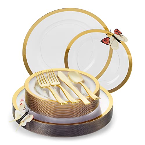 By Madee: Clear Plates With Gold Trim | Disposable Dinner, Salad Plates & Silverware | Gold Plastic Plates For Party | Gift Of 3D Butterflies | Heavyweight #TOP30