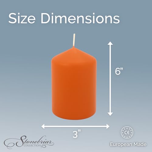 Image of Stonebriar Unscented Pillar Candles - 65 Hour Burn Time, Long-Lasting Wax Candles for Weddings, Holidays, Home Decor & Special Events, Pack of 6, Orange, 3 inch x 6 inch
