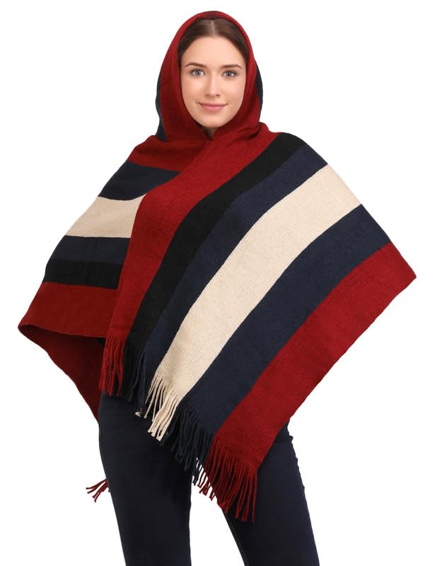 MANRA Women's Casual Hooded Cape Striped Woolen Poncho for Winter (SC 09 Cap/Maroon/XL)-image-23