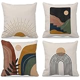 Boho Themed 18’’X18’’ Set of 4 Abstract Boho Sun Moon Line Rainbow Tropical Leaf Mountains Nature La