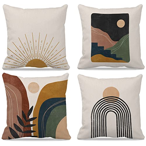 Boho Themed 18’’X18’’ Set Of 4 Abstract Boho Sun Moon Line Rainbow Tropical Leaf Mountains Nature Landscape Decorative Throw Pillow Case,Bohemian Home Office Decor,Gifts For Boho Lovers Girls Women #TOP10