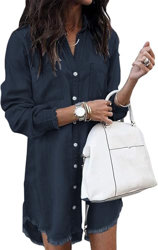 Zilcremo Women Denim Shirt Dresses Long Sleeve Distressed Jean Dress Button Down Casual Tunic Top Navy M