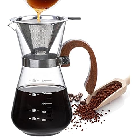 Bestcool Pour Over Coffee Maker, 600ml Manual Hand Filter Coffee Machine with Permanent 304 Stainless Steel Filter Borosilicate Glass Carafe with Real Wooden Handle for Cafetiere Home Office Cover