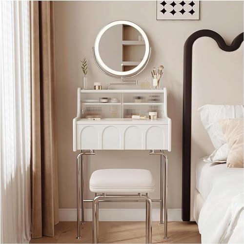 Moderna tocador de acero inoxidable con espejo redondo, luces LED y taburete tapizado para dormitorio, mesa de maquillaje elegante (80 x 35 x 96 cm)