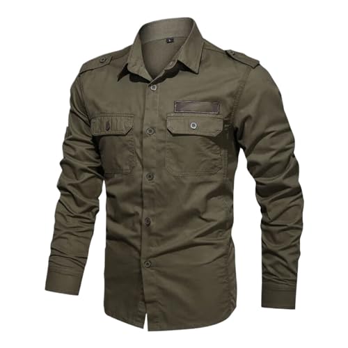 Camisa de trabajo de manga larga verde militar con bolsillos para hombre WOLONG