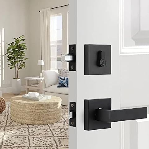 NeuType 1 Pack Matte Black Front Door Lock Set Heavy Duty Front Door Handle Sets with Single Cylinder Deadbolt and Passage Lever, Compatible with Right & Left Handed Doors Cover