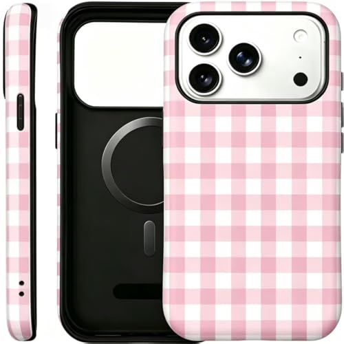 Image of for iPhone 17Pro Case Cute Phone Case,Compatible with MagSafe,Dual Layer Shockproof Protective Phone Cover,Hard Shell + Silicone Cover,Fashion Design for Women Girls,Pink and White Plaid