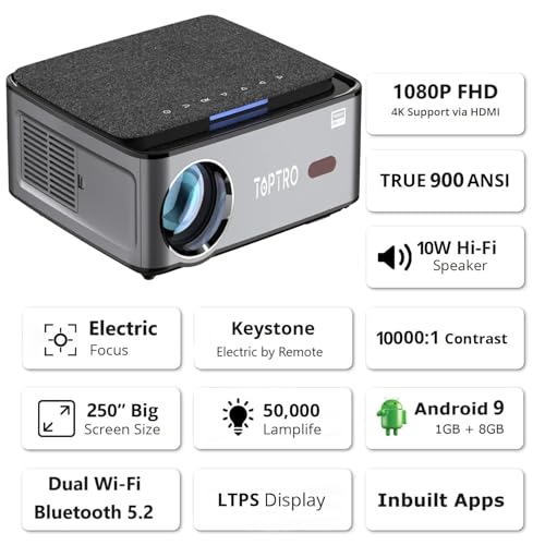 Image of TOPTRO P1 Electric Focus Projector for Home 4K Support YouTube PrimeVideo Hotstar Netfilx Builtin Android Native Full HD Projector Portable 5G Wi-Fi Bluetooth 6D Keystone Home Cinema Projector