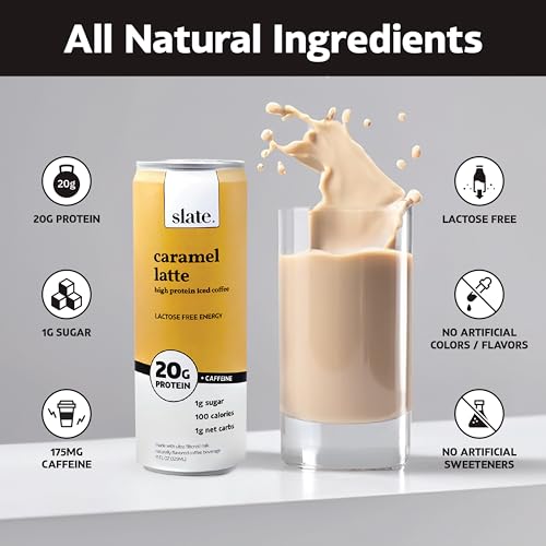 Slate Milk - High Protein Iced Coffee - Caramel Latte - 175mg Caffeine, Lactose Free Energy - 20g Protein, 1g Sugar, 100 Calories, 1g Net Carbs, No Sugar Added - Protein Coffee - 11 fl oz, 24 Cans
