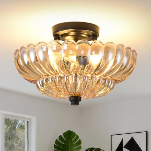Image of Semi Flush Mount Ceiling Light, 11.8 Inch Black Vintage Hallway Light Fixture with Amber Glass, Close to Ceiling Light for Bedroom Kitchen Living Room Bathroom Foyer, E26 Base