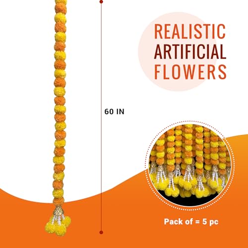Image of DIYANA IMPEXMarigold Garland for Decoration 5 Pcs of 5 feet Long Strands Artificial Marigold Flowers with Bell, Indian Decor for Pooja /Diwali Decorations /Christmas (Mango + Yellow)
