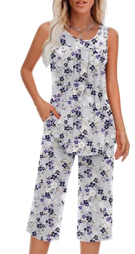 Image of Findsweet Women Pajamas Sets Loungewear Soft Sleepwear Two Piece Summer Sleeveless Pjs Tank Top Pants with Pocket S-4XL