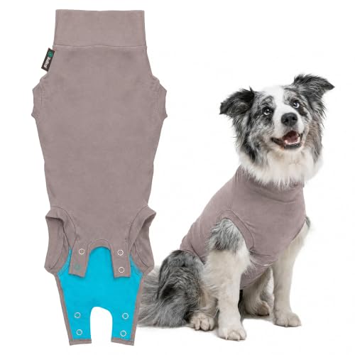 Image of Suitical - The Original Dog Surgery Recovery Suit - Replace E-Collar & Cone - Spay, Neuter, Wounds, Prevent Licking - Medium - Neck to Tail 21.7-27.2in - Chest 27-37in - Weight 40-50lbs Sandstone Grey